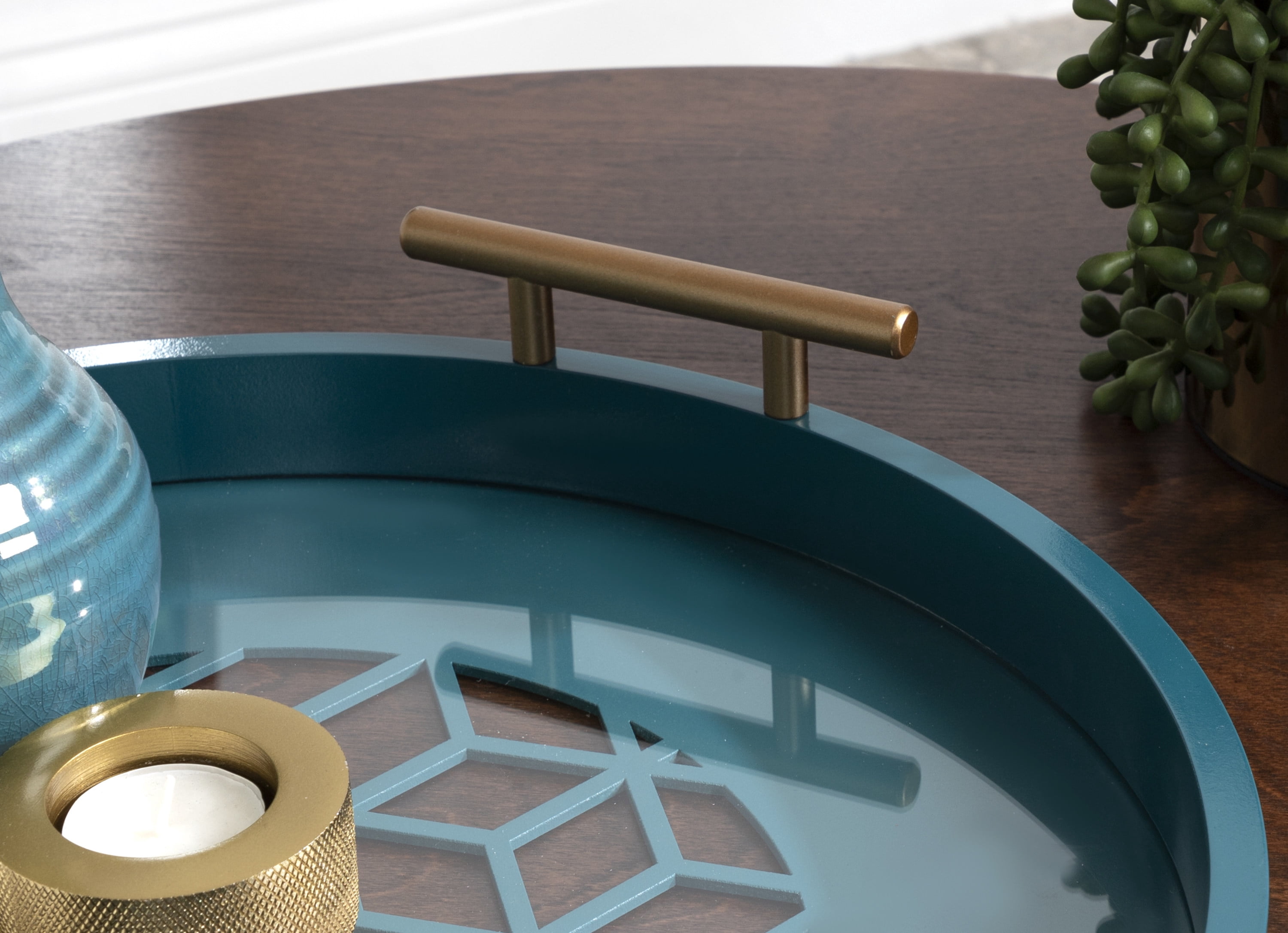 Kate and Laurel Caspen Modern Round Tray, 15.5 inch Diameter, Teal, Decorative Tray for Storage and Display