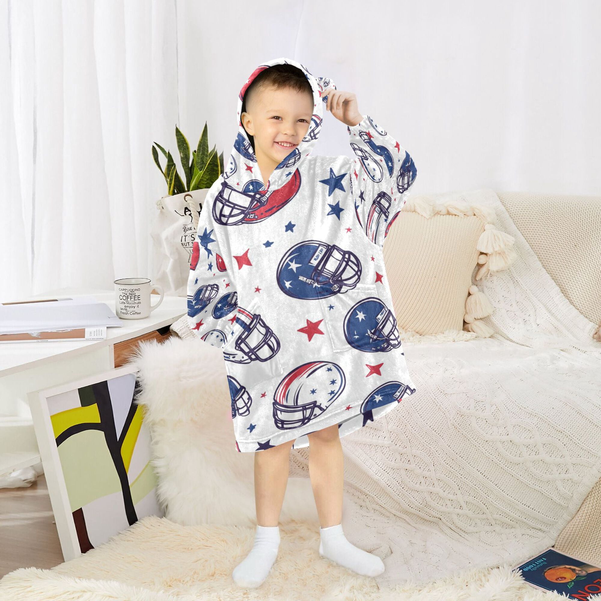 FORMRS Wearable Blanket Hoodie with Sleeves for Kids Cozy Flannel Sweatshirt, Cartoon American Football Helmets