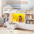 thumbnail image 3 of Mabor Twin Size Low Loft Bed with 6 Storage Drawers,Twin Loft Bed with Bookcase & LED Lights, Upholstered Headboard, Secret Play Space, Metal Bed Frame with Safety Guardrail & Inclined Ladder,White, 3 of 9