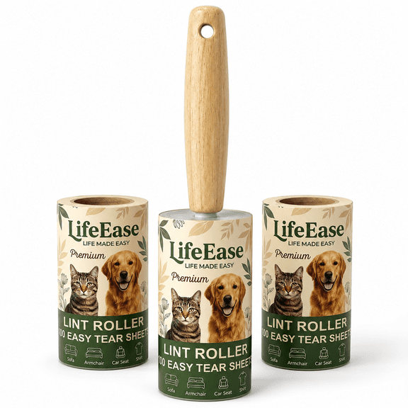 LifeEase Extra Sticky Lint Roller for Pet Hair, Wooden Handle, 3 Rolls/180 Sheets, Easy-Tear Pet Hair Remover for Clothes & Furniture