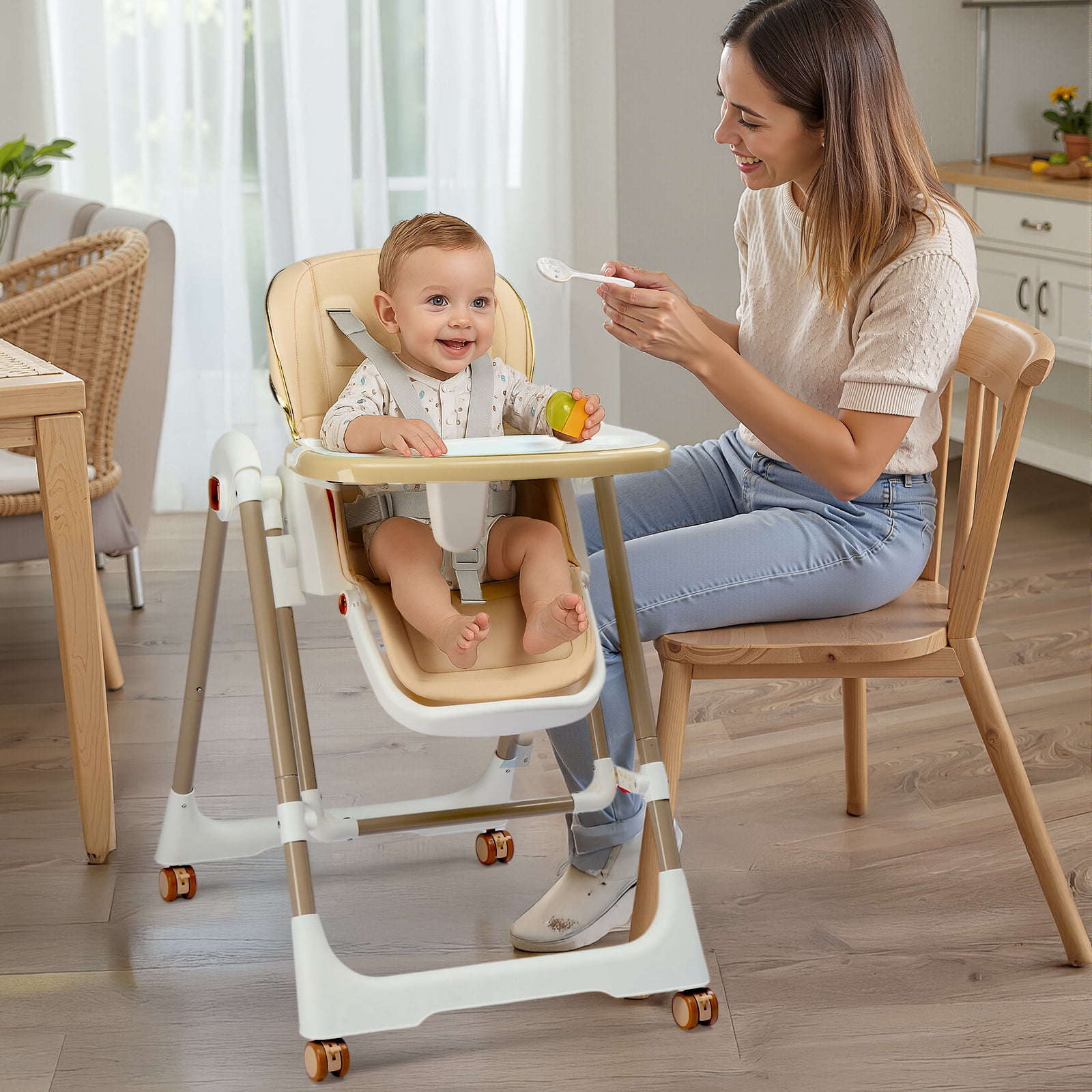 Ktaxon Baby High Chair, Convertible 6 in 1 Baby Highchair with Swing Function for Babies and Toddlers, with 5-Point Safety Harness, Adjustable Dining Tray, Backrest, Footrest & Height, Beige