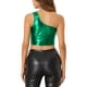thumbnail image 3 of Top corto metálico para mujer de un solo hombro, ropa de fiesta de Halloween, club, camisetas brillantes holográficas, talla M verde, 3 of 6