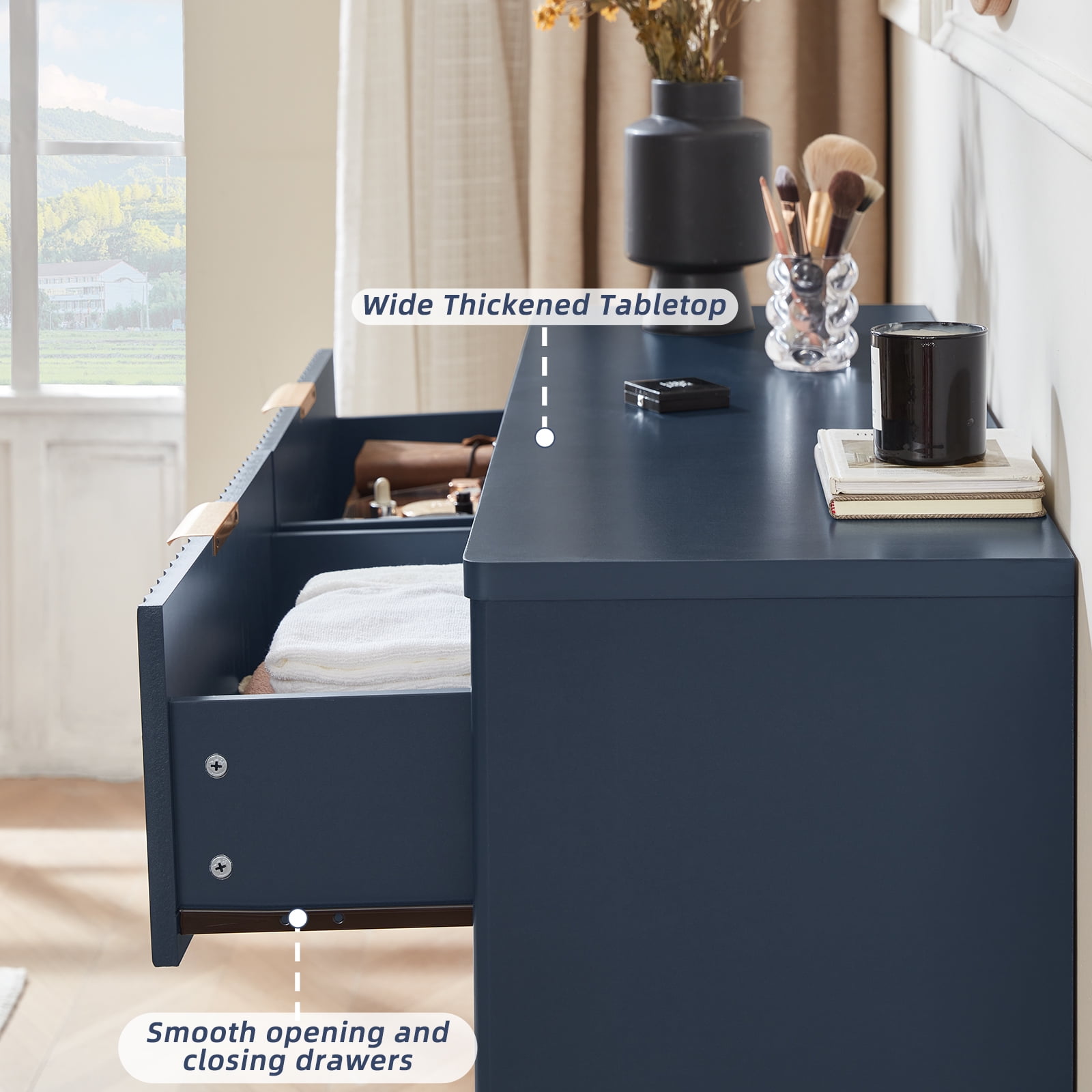 6 Fluted Drawer White Dresser, 48"H Wide Storage Cabinet with Upgraded Stable Base, Vertical Chest for Bedroom Living Room, Blue