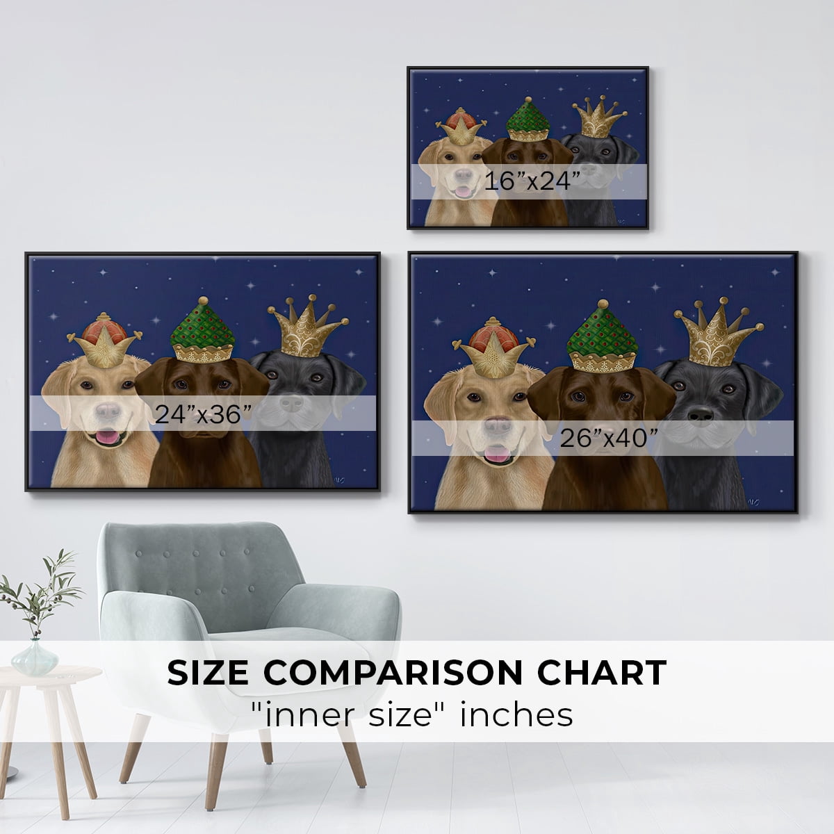 Christmas Labradors, Three Kings - Framed Gallery Wrapped Holiday Canvas - 25 x 37 - Black Frame