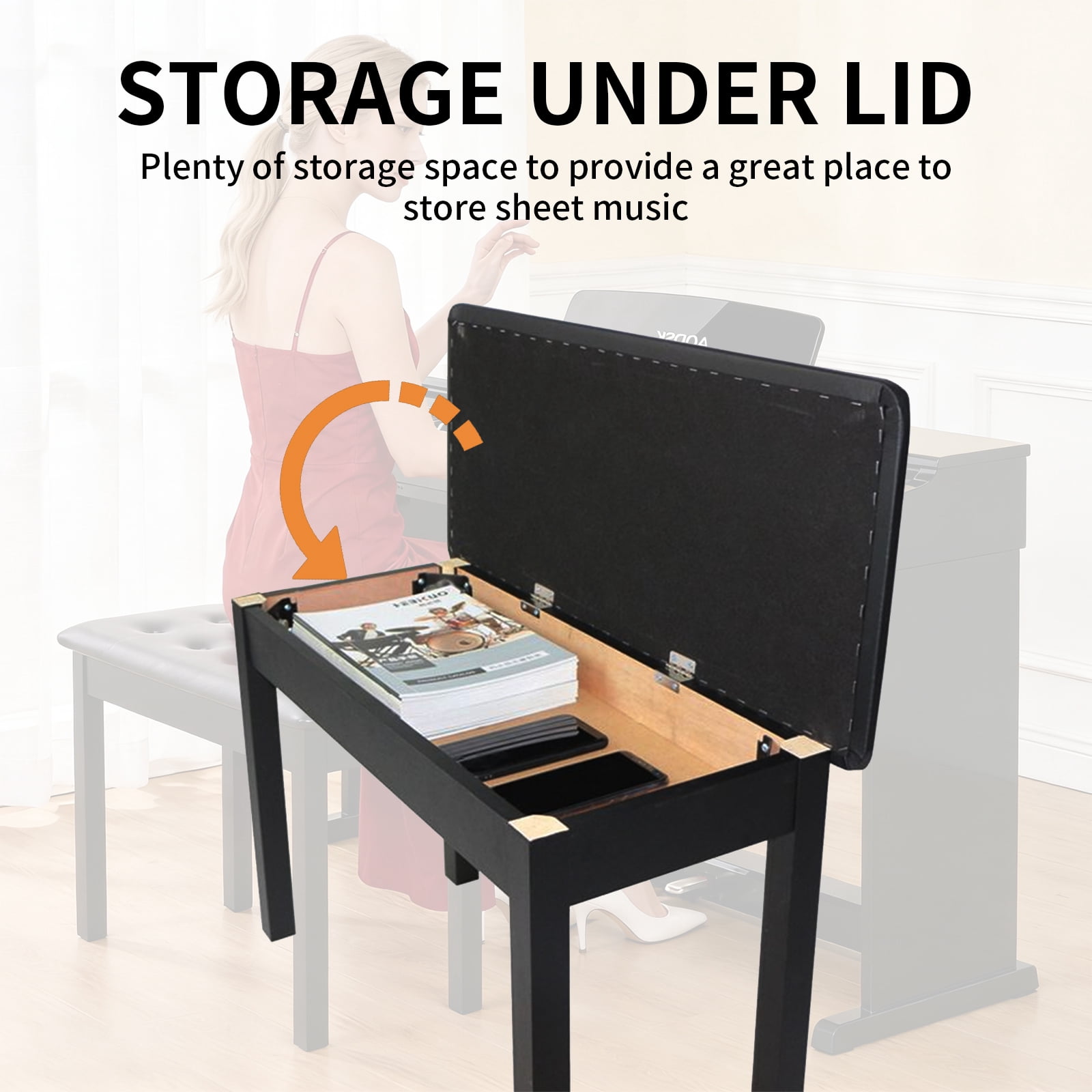 stusgo Piano Bench with Storage, Solid Wood Keyboard Bench Piano Bookcase Stool Chair Seat, Black