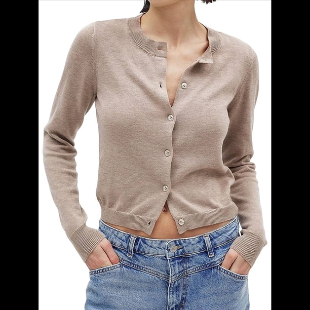 Cárdigan Corto para Mujer, Suéter de Punto de Larga con Botones para Vestidos y Jeans. Caqui L