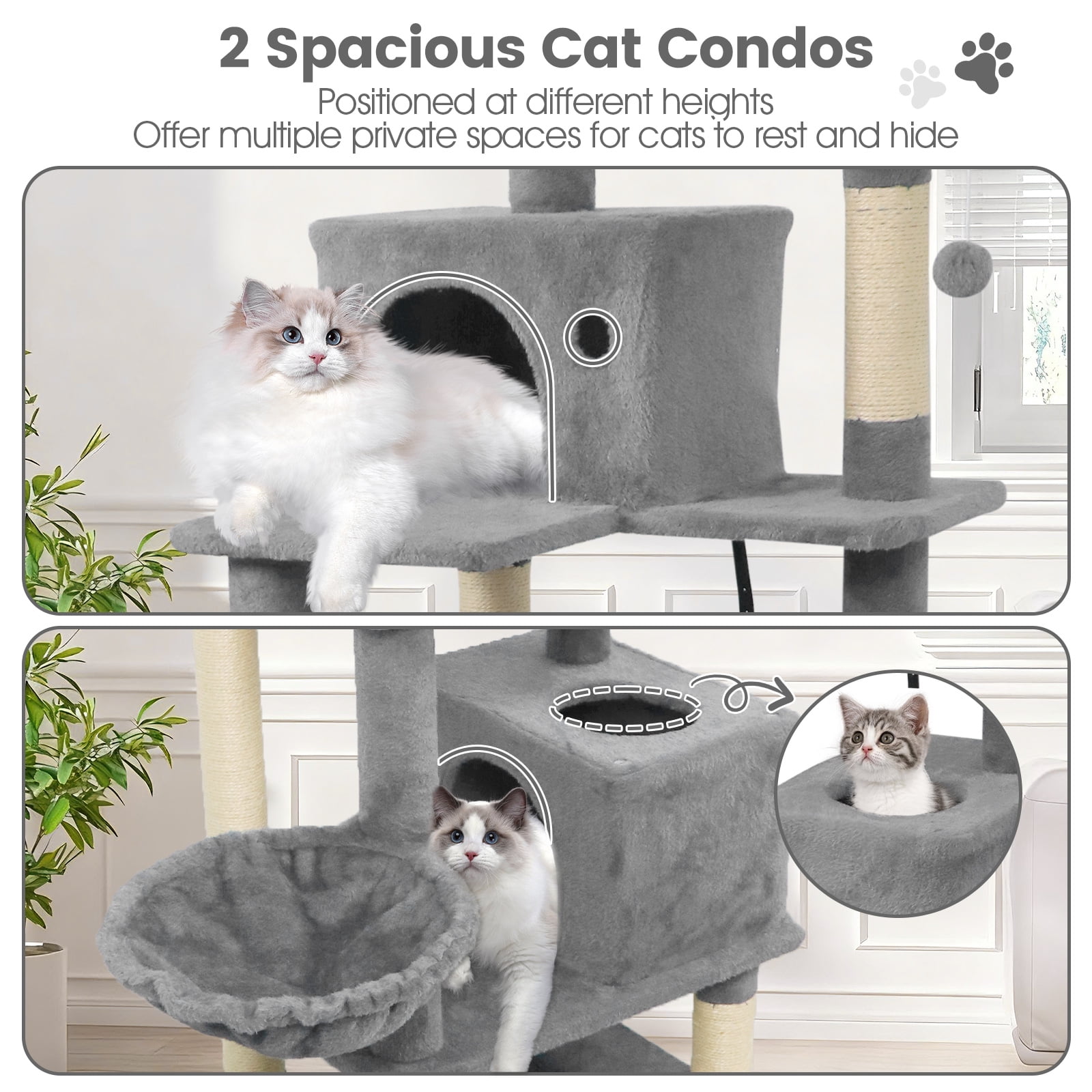Gymax 66'' Tall Cat Tree w/2 Condos Sisal Scratching Posts Plush Perch Hammock Basket Light Gray