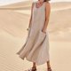 thumbnail image 1 of Qucoqpe - Vestido de verano de lino y algodón para mujer, informal, liso, con cuello en U, sin mangas, con dobladillo con volantes, holgado, largo y playero con dos bolsillos, 1 of 5