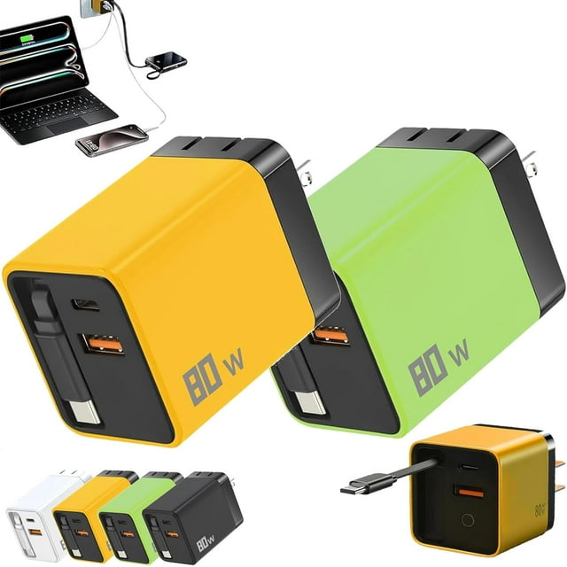 Chargeur 3 en 1 Rétractable Chargeur de Téléphone Prise Murale 80w Max Rapide, Module de Chargeur Rapide 80w Max Extensible avec Câble Type-C et 1 Port USB pour Téléphone, Tablette, Ordinateurs Portables, Montres