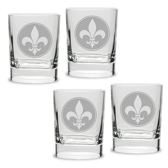 Fleur de Lis Deep Etched Luigi Bormioli 11.75 oz Square Round Double Old Fashion Glass Set of 4