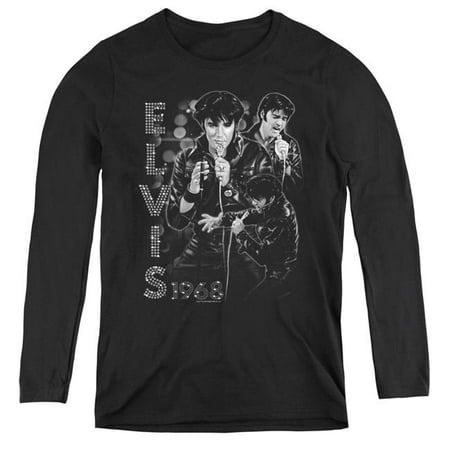 Trevco Sportswear ELV779-WL-2 Womens Elvis Presley & Leathered Long Sleeve T-Shirt, Black -