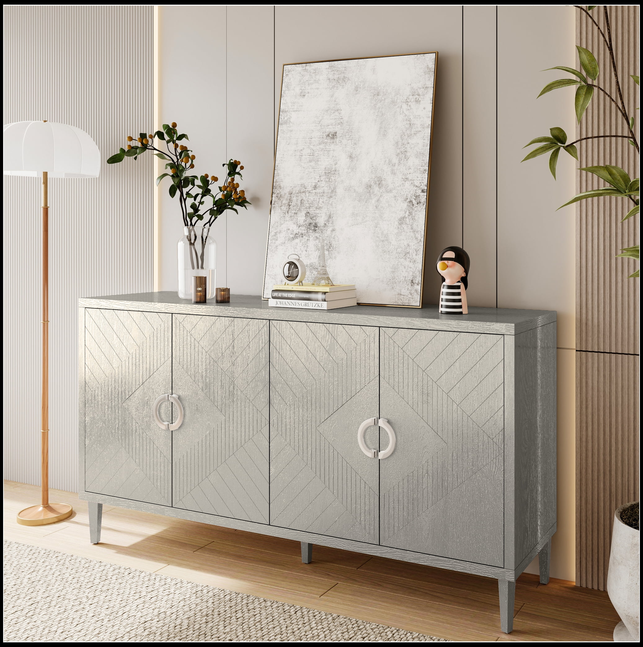 Stylish and Functional 4-Door Storage Cabinet with Pine Legs and MDF