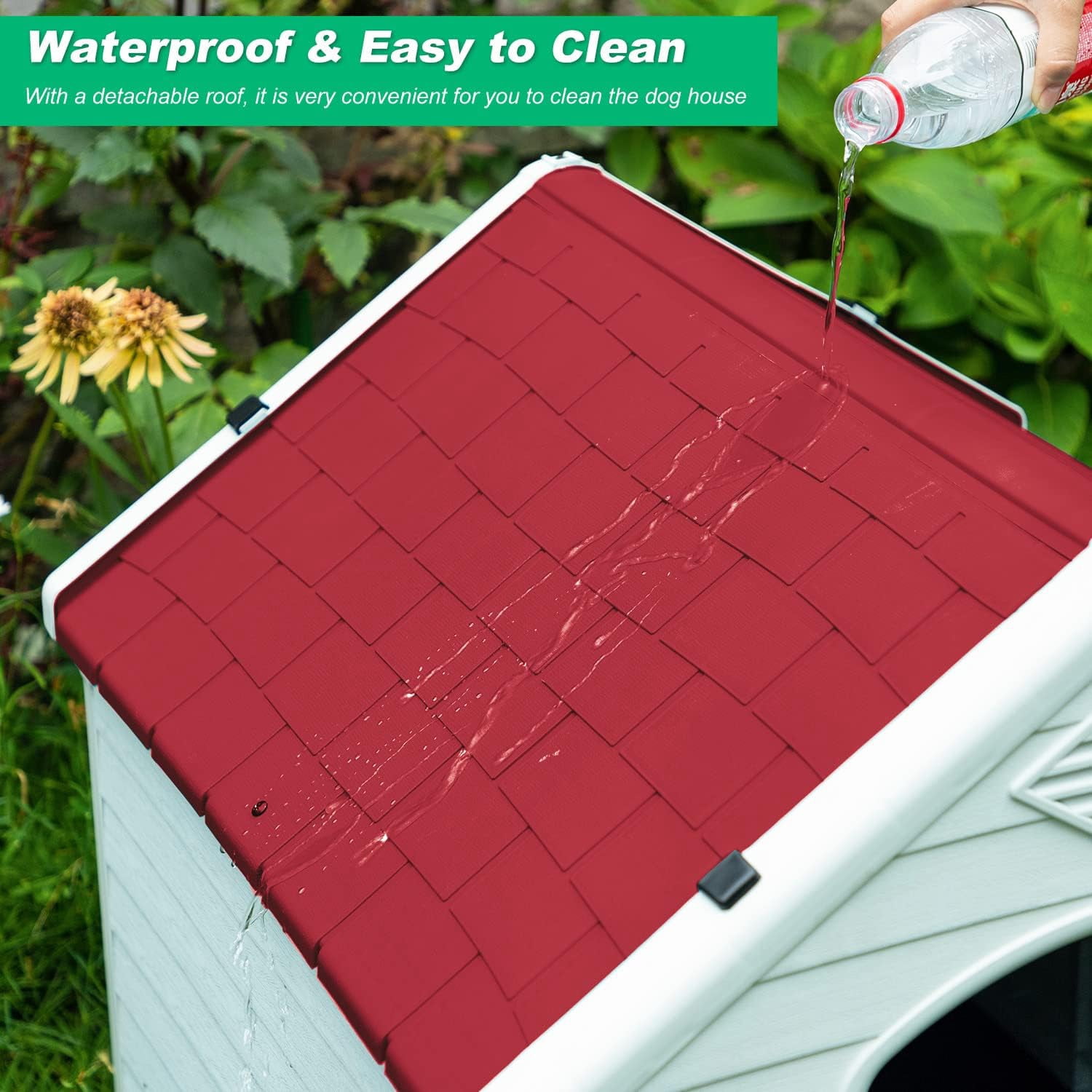 FDW Red Waterproof Plastic Pet House Indoor Outdoor Ventilated Shelter for Large Pets 41"L x 37"W x 39"H