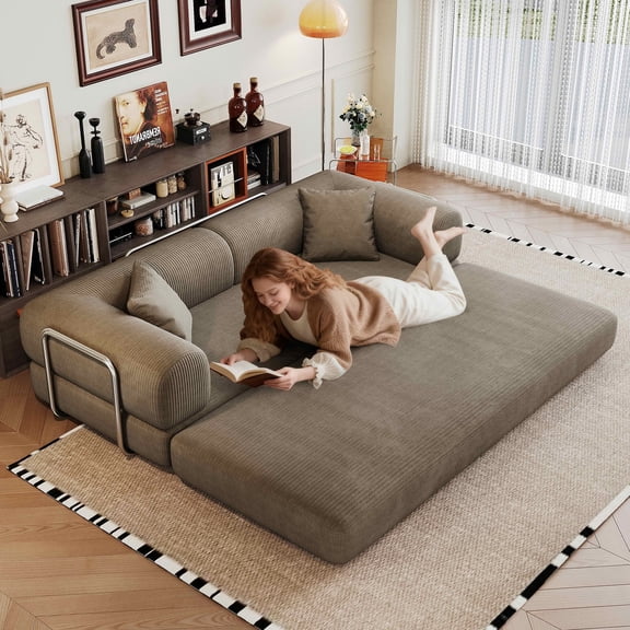 MAYEERTY 78.8" Compression Convertible Floor Sofa Bed, Boneless Modular Corduroy Futon Sleeper Couch with Pillows, Back Support Armrests, No Assembly Loveseat for Living Room Bedroom Apartment