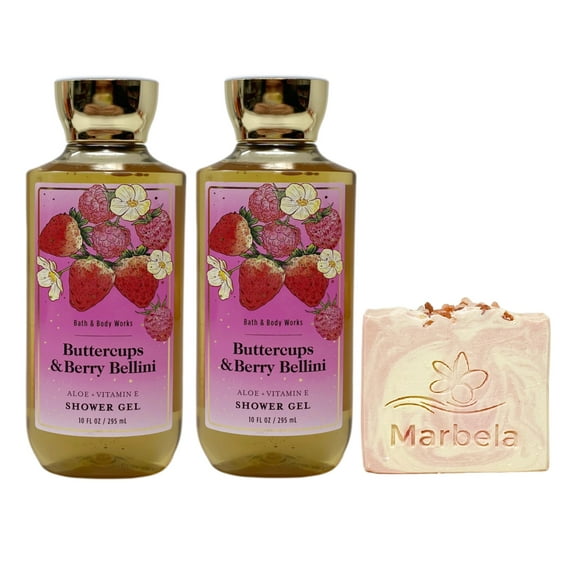 Bath & Body Works Buttercups & Berry Bellini 2 Pack Shower Gel Bundle with a Himalayan Salts Springs Bar Soap - Full Size