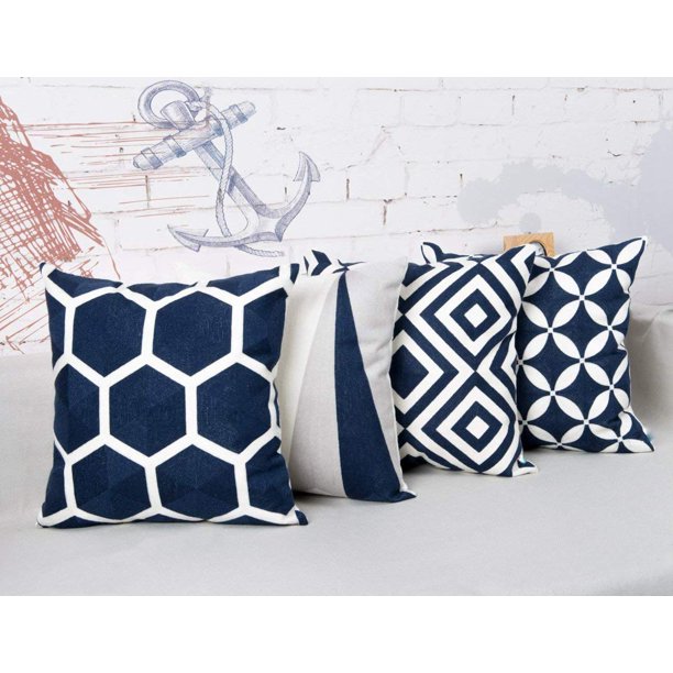 SUFAM Set of 4 Pillow Cases Navy Blue Geometric Pattern Modernism Mediterranean Throw Pillowcase