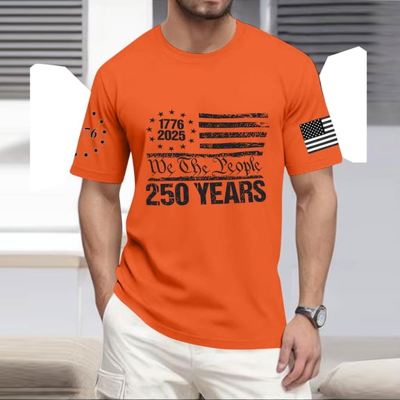 250 Anniversary Usa T Shirt for Men United States American Flag Print Crew Neck Short Sleeve Muscle Tops Muscle Regular Fit Home Wear Breathable Shirts, Orange, #01 Orange