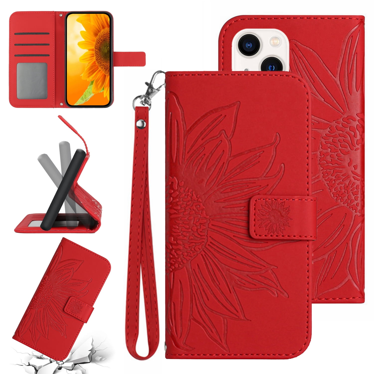 Feishell Slim Wallet Case for iPhone 13,for Men Women,Sunflower Embossed Pattern PU Leather Flip Cover Magnetic Closure Folio Card Slots Kickstand Phone Case with Hand Strap,Red