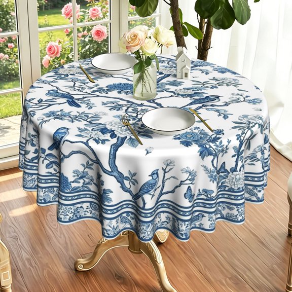 Blue White Porcelain Bird Flower Branch Print Round Tablecloth, Indoor Outdoor Dinner Picnic Festival Table Decor, Holiday Gift for Thanksgiving & Christmas