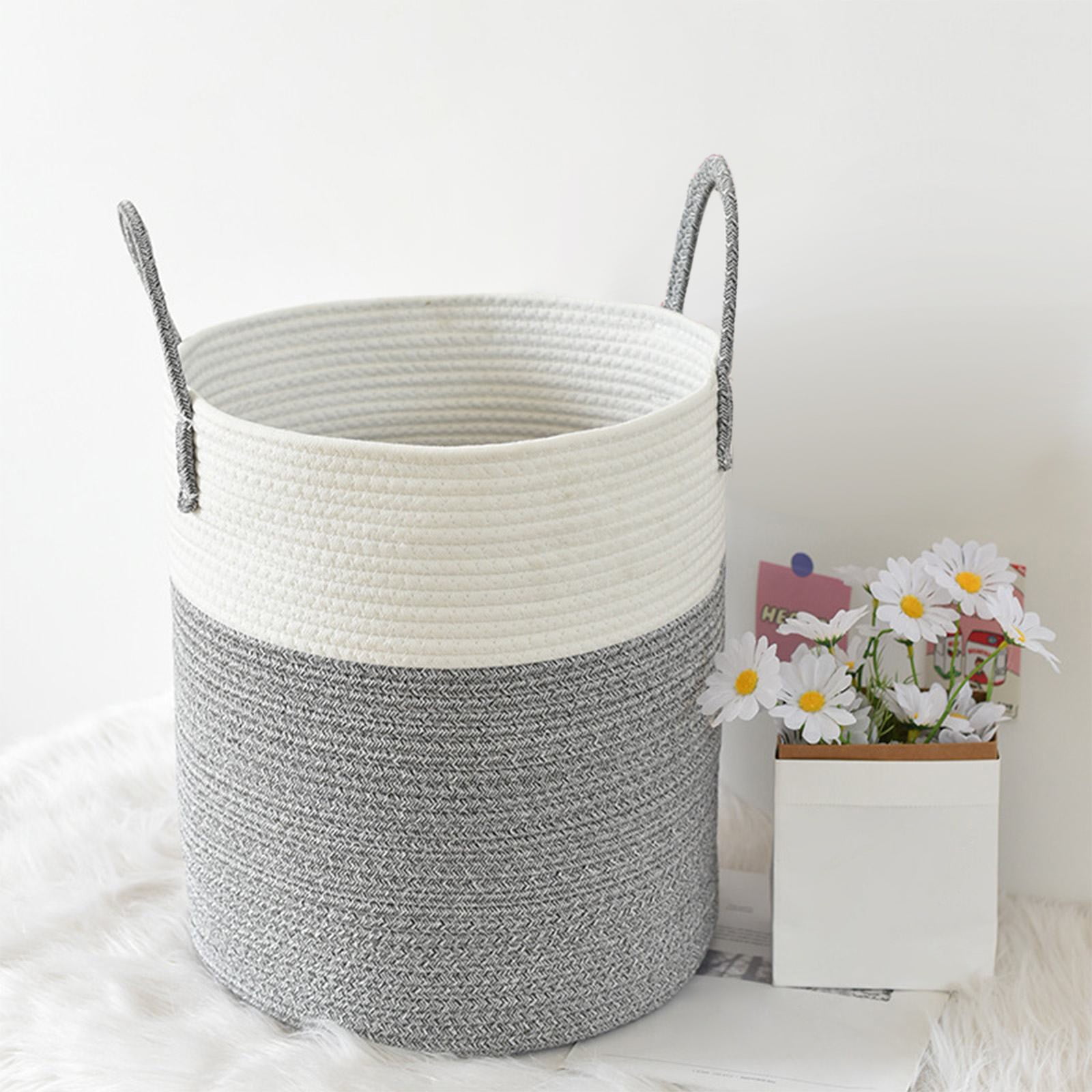 Large Bohe Woven Laundry Basket, 40L Gray Cotton Rope Laundry Hamper with Handles, Decorative Storage Bins for Blankets Toys Clothes, Bathroom Bedroom Living Room Organizer