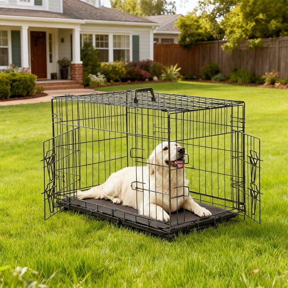 Dozzle 36-Inch Secure & Portable Dog Crate: Foldable Metal Wire Kennel with Enhanced Lock, Dual-Door Design for Medium & Large Dogs, Black