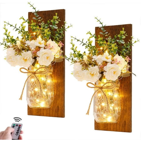 

Fokelyi Rustic Wall Sconces Mason Jar Sconces Handmade Wall Art Hanging Design with Remote Control LED Fairy Lights and White Peony Farmhouse Kitchen Decorations Set of Two