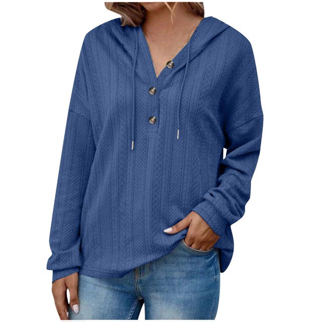 GigrtiJin Hoodies for Women Long Sleeves V Neck Button Casual Sweatshirt Fall Pullover Solid Color Hooded Tops