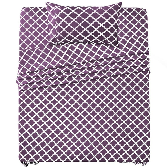 Lux Decor Twin-XL Bed Sheet Set 3 Piece, Soft Microfiber, Deep Pockets - Quatrefoil Pattern, 1 Fitted & 1 Flat Sheet, 1 Pillowcase, Purple