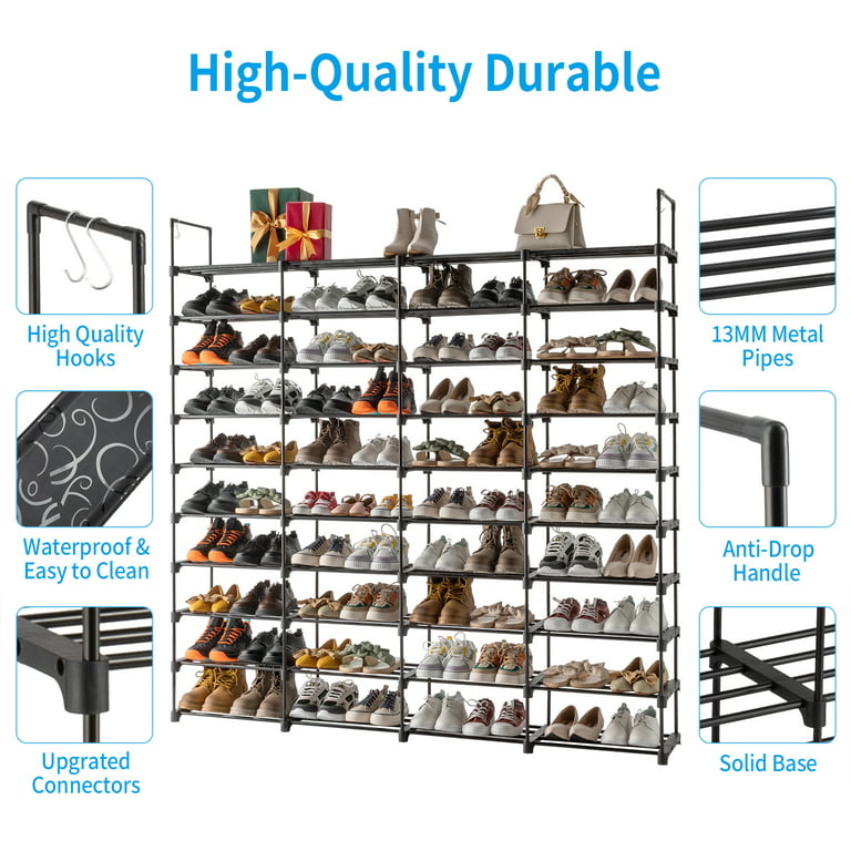SamyoHome 10-Tier Shoe Rack for Entryway Closet, 80 Pairs Heavy-Duty Shoe  Rack for Closet with Side Hooks, Large Tall Shoe Rack Storage Organizer