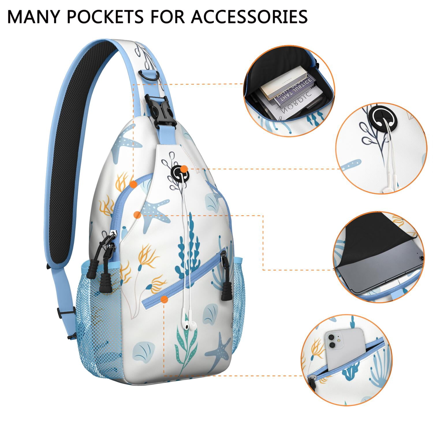 Marine Life Crossbody Bag - Ocean Themed Anti-Theft Shoulder Backpack for Travelers - Versatile Wear with Zipper Pockets for Summer Outdoor Activities