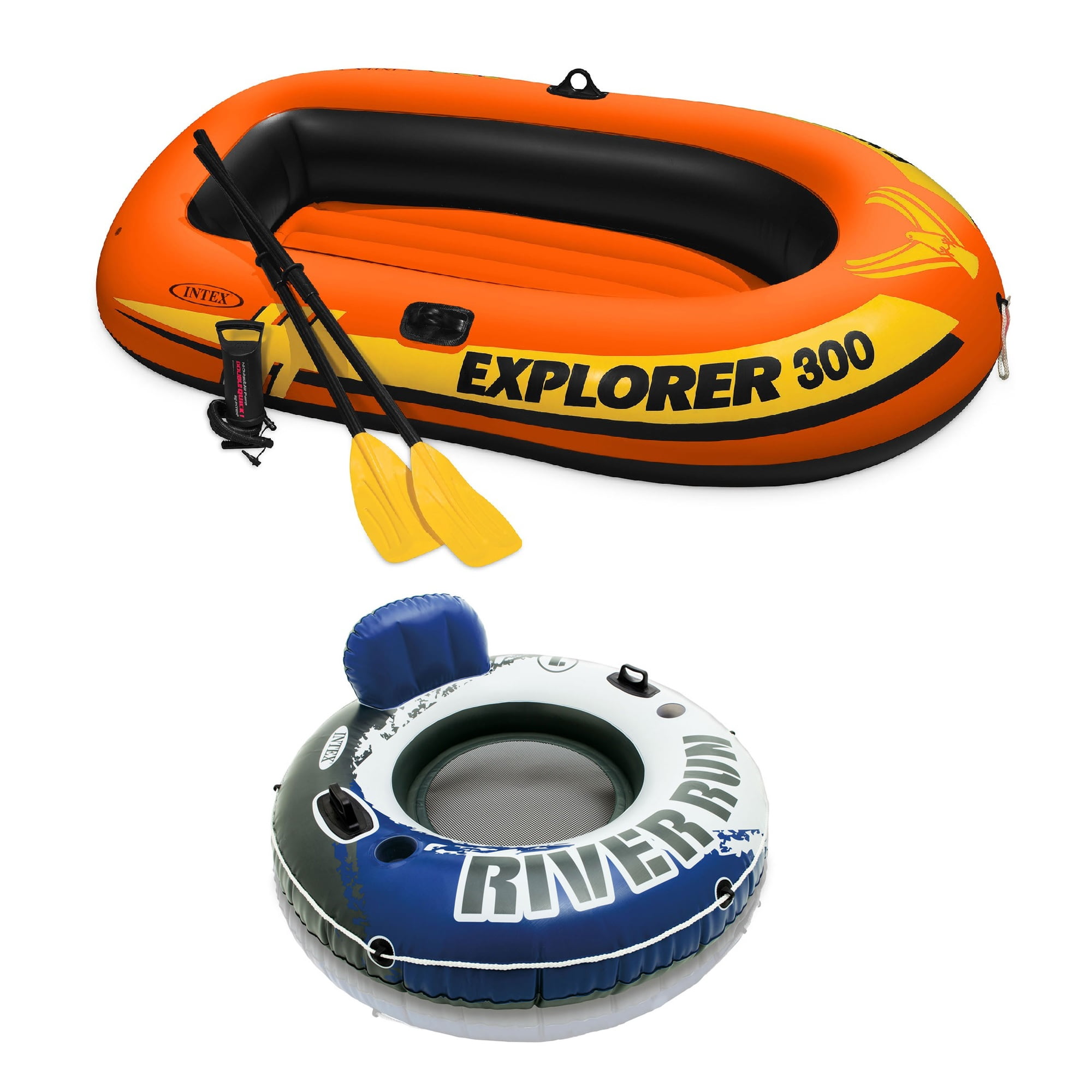 Intex Compact Inflatable Fishing 3 Person Raft with Pump & Oars & 1 Person Tube