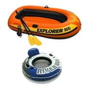 Intex Compact Inflatable Fishing 3 Person Raft with Pump & Oars & 1 Person Tube