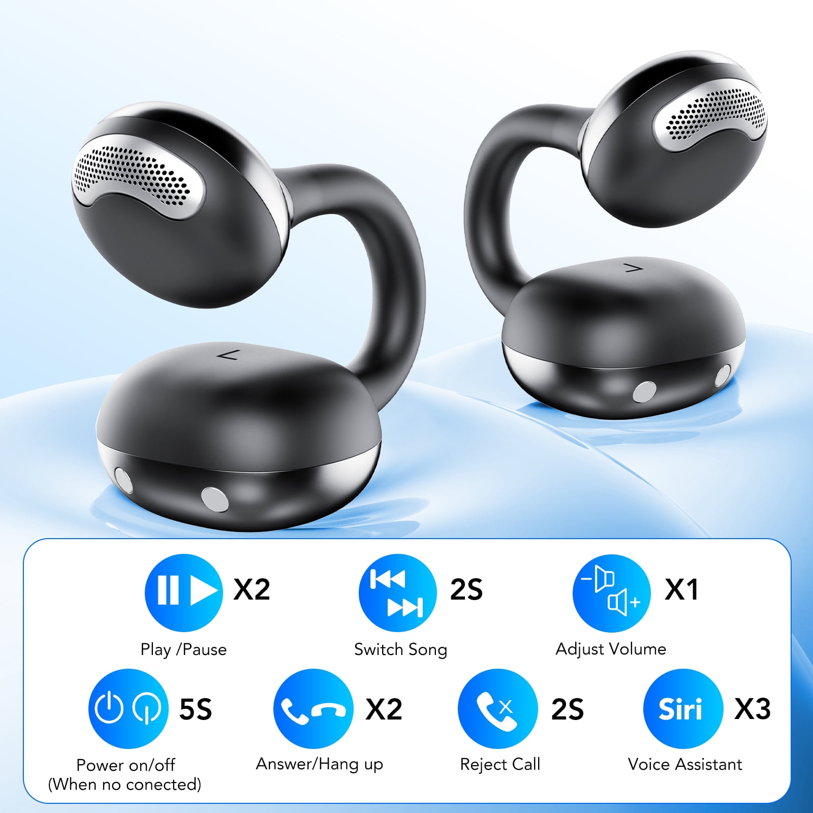 Open Ear Earbuds, Bluetooth Headphones 6.0, Lightweight Comfort Open Ear Clip Wireless Earbuds, 50H Playtime, ENC Clear Calls, Deep Bass, IPX7 Waterproof, Design Fit Running/Workout(Black)