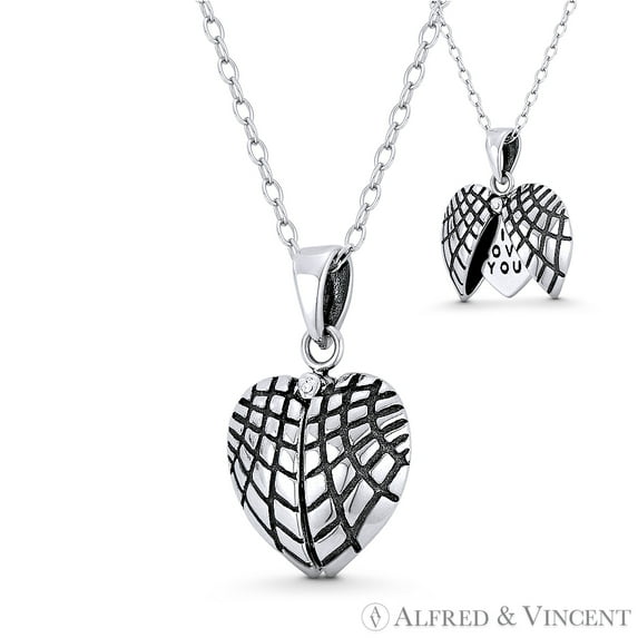 Encapsulated "I LOVE YOU" Flat Heart in Webbed Heart Charm21x13mm (0.8x0.5in) Pendant & Chain Necklace in Oxidized .925 Sterling Silver