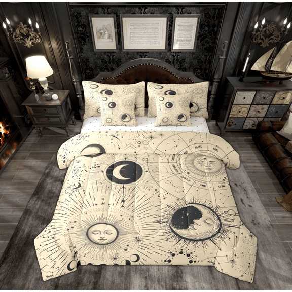 Manfei Hippie Astrology Twin Bedding Sets 7-Piece for Teens, Mystic Moon Sun Galaxy Bedding Comforter Set, Wheat Bohemian Style Sheet Sets, Super Cozy Room Decor