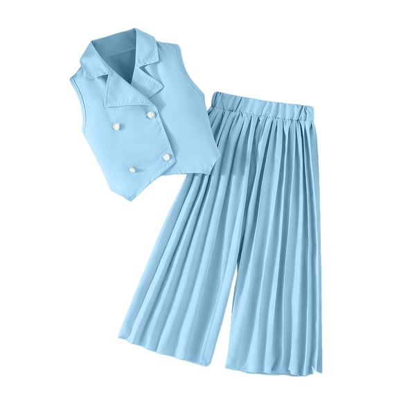 XXWXYD Girls 2 Piece Outfits Double Breaste𝖽 Lapel Collar Suit Vest and Pleated Wide Leg Pants Sets for Kids 2-9 Years Toddler Girl Vacation Outfits