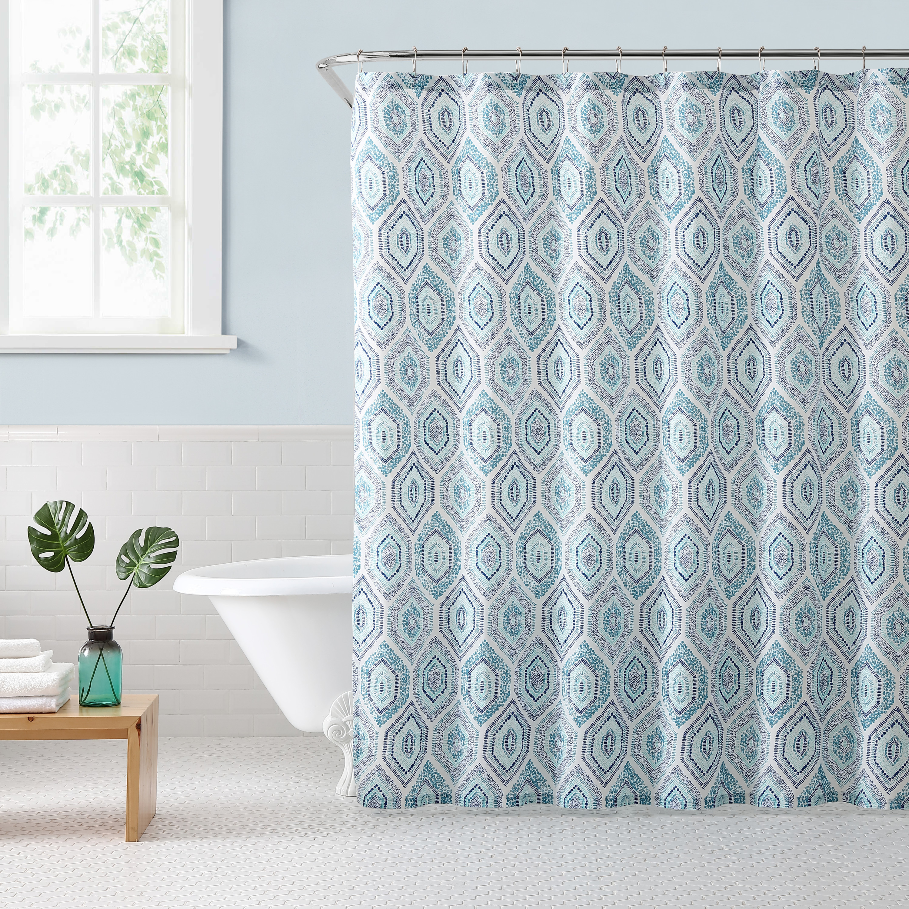 Freshee Fabric Shower Curtain with Intellifresh Technology, Blue Geo ...