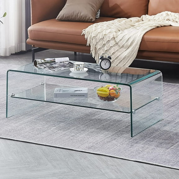 Glass Coffee Table with Shelf Modern Coffee Table for Living Room S39x20x14