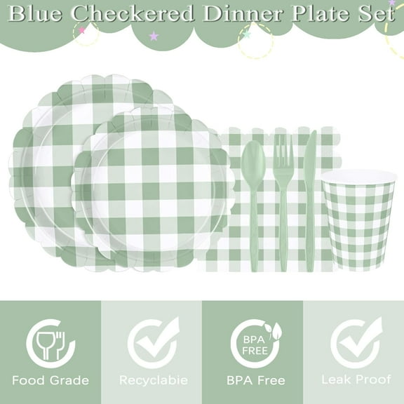 YUYAN-175 PCS Sage Green Gingham Plates and Napkins, Green Checkered Disposable Plates Set with Napkins Cups Plastic Spoons Forks Knives for Dinner Birthday Baby Shower Wedding Supplies Serve 25 Gues