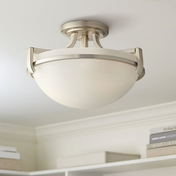 Regency Hill Mallot Modern Ceiling Light Semi Flush Mount Fixture 13" Wide Brushed Nickel 2-Light Marbleized Glass Bowl Shade for Bedroom Living Room