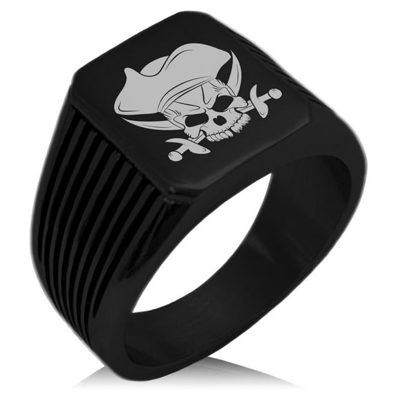 Stainless Steel Pirate Skull & Cross Swords Needle Stripe Pattern Biker Style Polished Ring