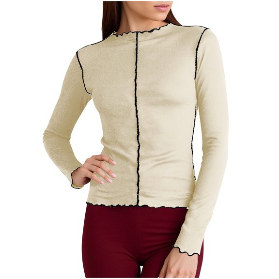 Women's Trendy Long Sleeve Tops Wave Ruffled Trim Slim Fit Tee Shirt Yoga Workout Casual Base Tshirts Solid Color (XL, Yellow)
