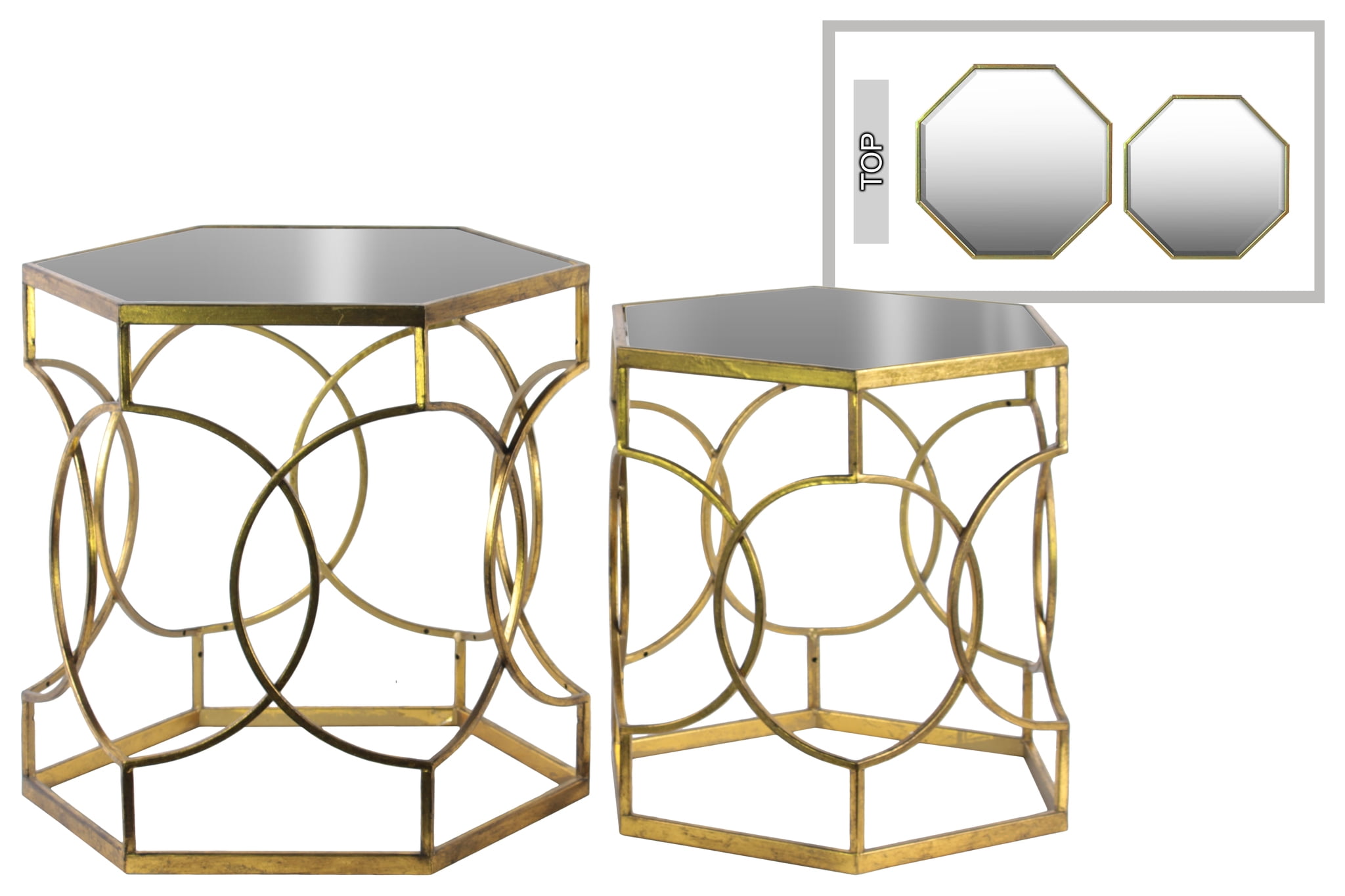 Metal Hexagonal Nesting Accent Table with Mirror Top and Circle Lattice