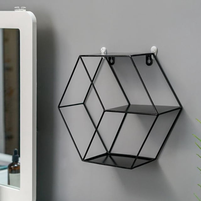 Hexágono flotante de hierro forjado estantes de pared rejilla colgante de pared sofá Fondo hogar decorativo dormitorio sala de estar cocina - Negro Macarena estante hes montado en la pared