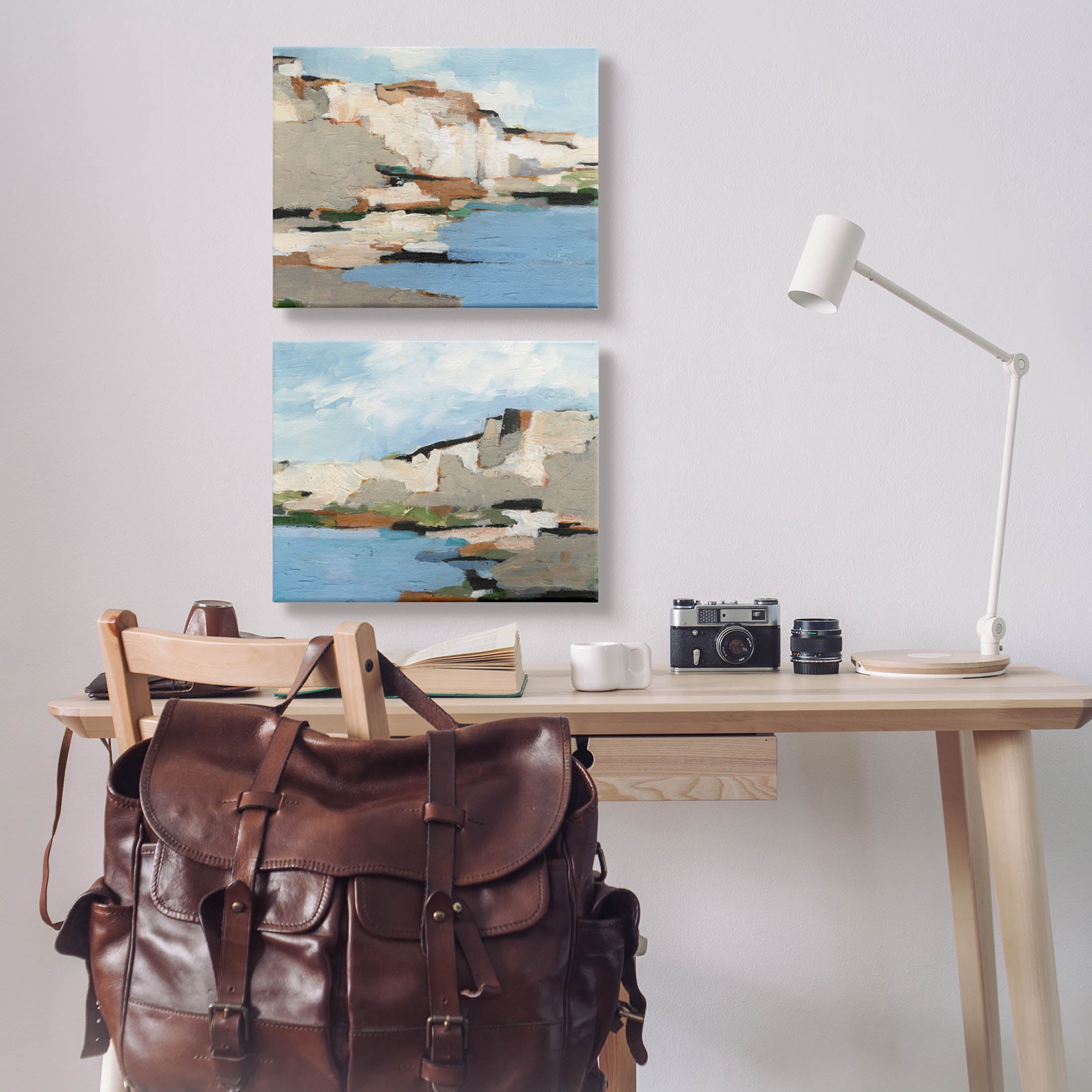 Seaside Cliff Modern Landscape Landscape Painting Gallery Wrapped Canvas Print Wall Art, Set of 2
