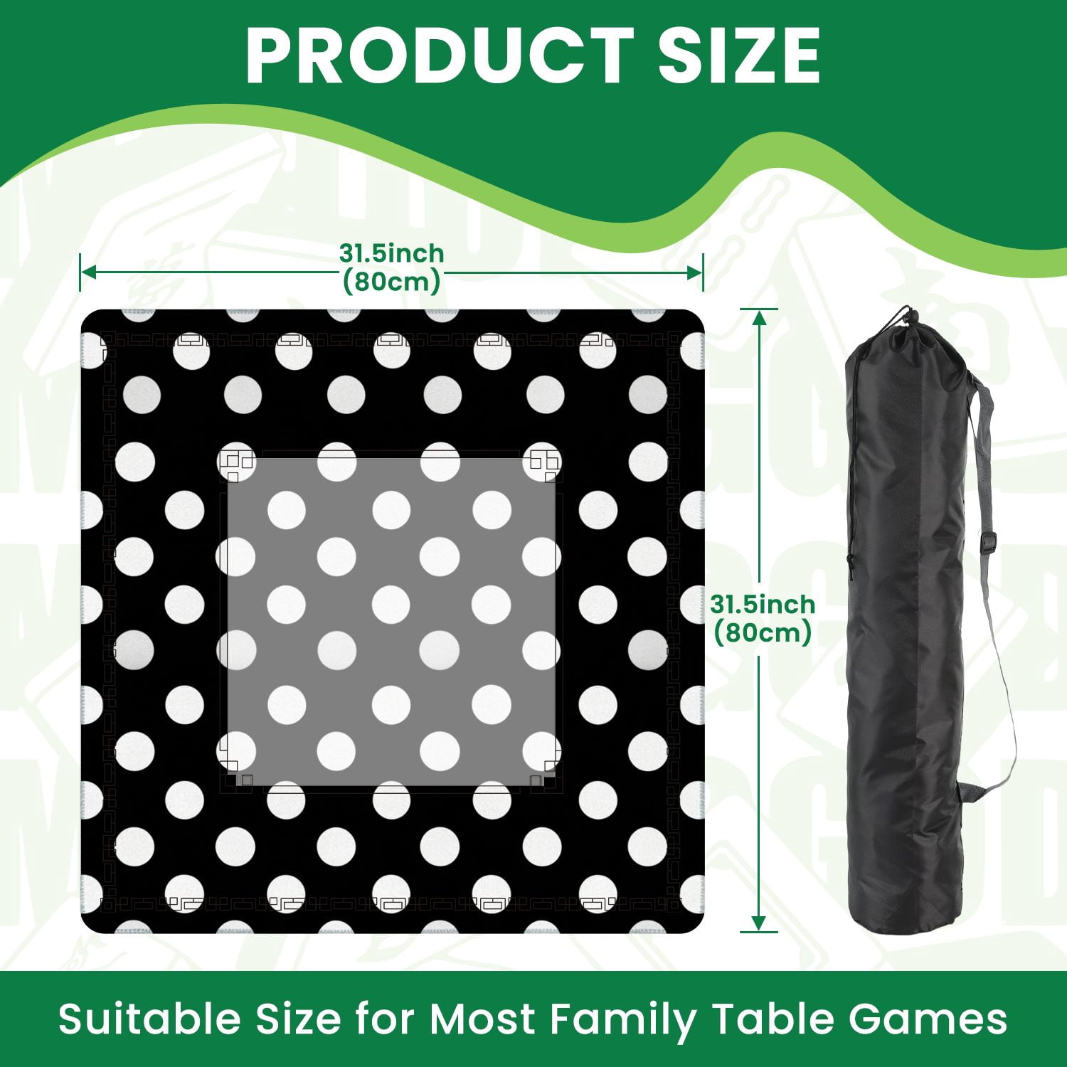 Mahjong Mat 31.5" x 31.5" Seamless black polka dots white Non-Slip Noise Reduction American Mahjong Tiles Table Cover for Dominoes Poker Card Board Games Gift
