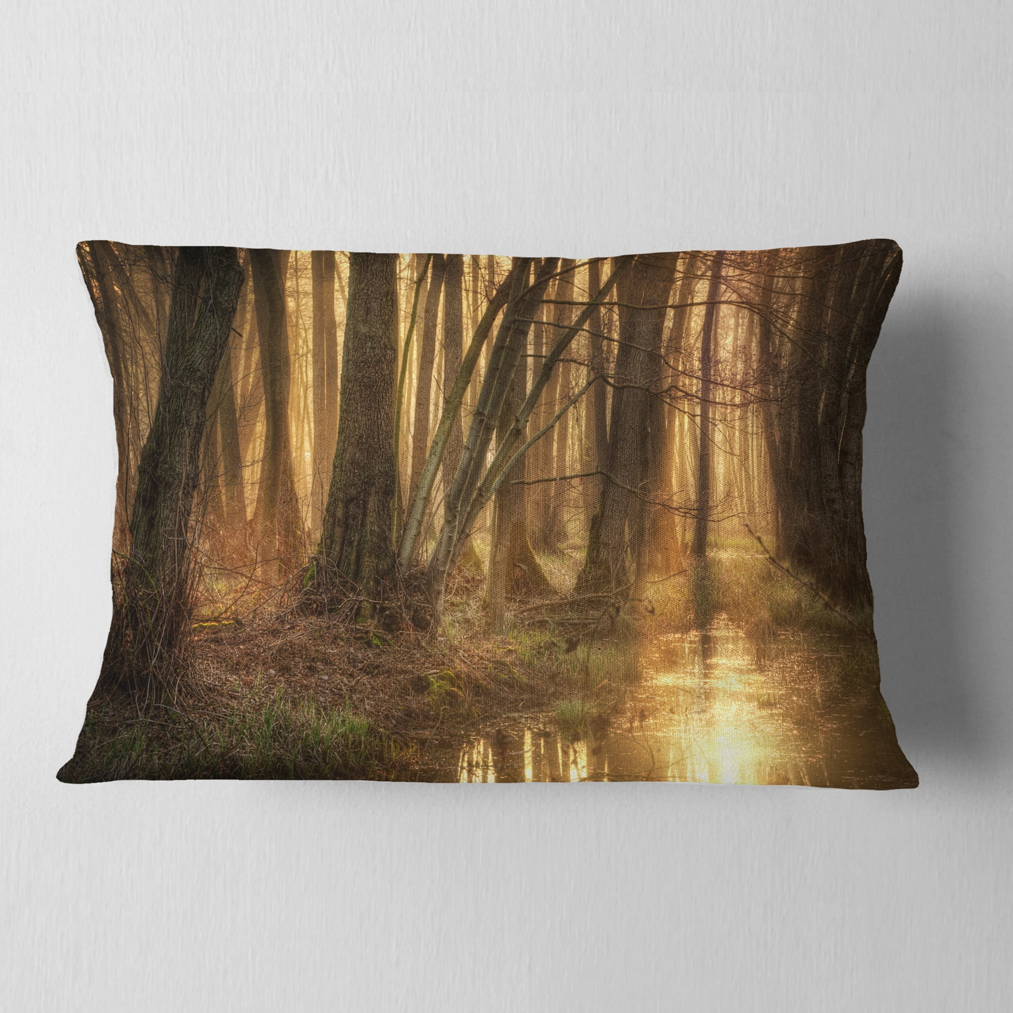 Designart Golden Morning in Dense Forest - Landscape Photography Throw Pillow - 12x20