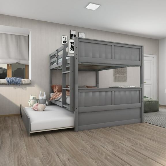 Full Over Full Bunk Bed with Twin Size Trundle, Gray