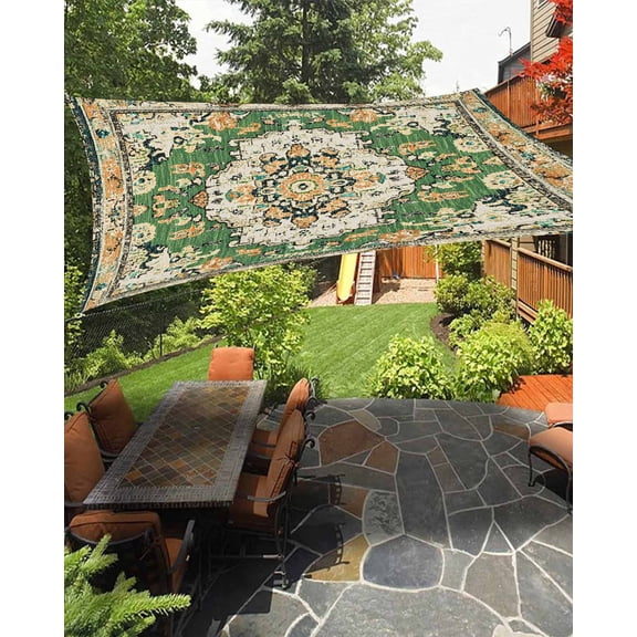 Green Boho Sun Sail Shades Rectangle Canopy,Sunlight Block Heavy Duty Curved Backyard Shade Cover,Farmhouse Tribal Vintage Tribal Texture Waterproof Sun Shades for Patios Garden Pergola 14'x18'