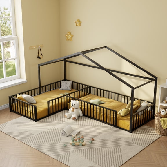 Harper & Bright Designs Double Twin Size L-Shaped Montessori Bed, Metal Corner House Bed Frame with Fence, Twin Size House Floor Bed for 2, Black